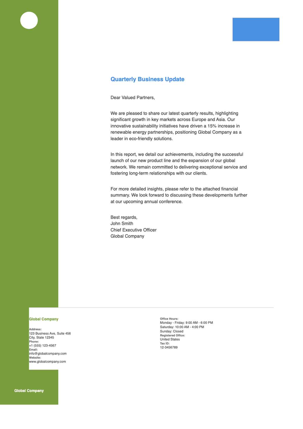 Corporate letterhead with green sidebar and global company branding_variant_3